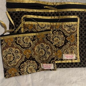 Gold and Black Paisley Velvet Zip Cosmetic Pouch Set -